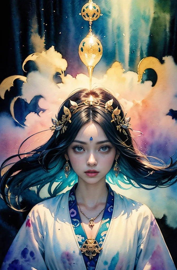 (Tabletop, Highest qualityの, Highest quality, Official Art, (beautifully、aesthetic:1.4), (Watercolor:1.4) ), (Izanami 1.5), 日本のgod話の女god, Majestic beauty, 創造の女god、生命の女god、Typically、((((Typically))))、Reincarnation Support, god'Grace, Gentle and meditative expressions, Flowing, celestial garments, Shine、Created all the landscapes and worlds on Earth, A dazzling dance of light, Whispers of Ancient Legends
