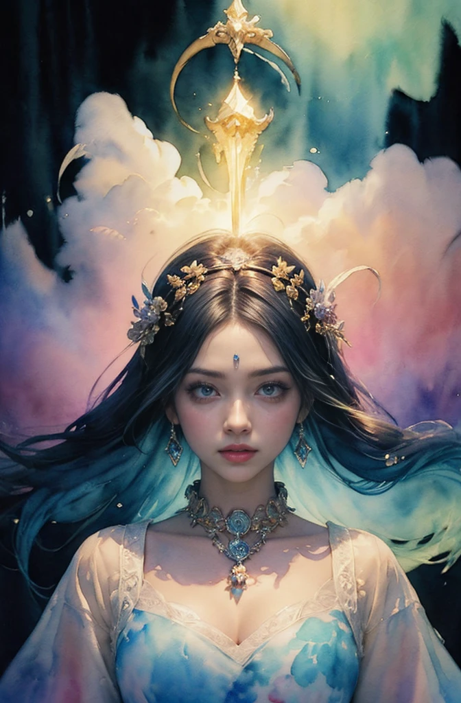 (Tabletop, Highest qualityの, Highest quality, Official Art, (beautifully、aesthetic:1.4), (Watercolor:1.4) ), (Izanami 1.5), 日本のgod話の女god, Majestic beauty, 創造の女god、生命の女god、Typically、((((Typically))))、Reincarnation Support, god'Grace, Gentle and meditative expressions, Flowing, celestial garments, Shine、Created all the landscapes and worlds on Earth, A dazzling dance of light, Whispers of Ancient Legends