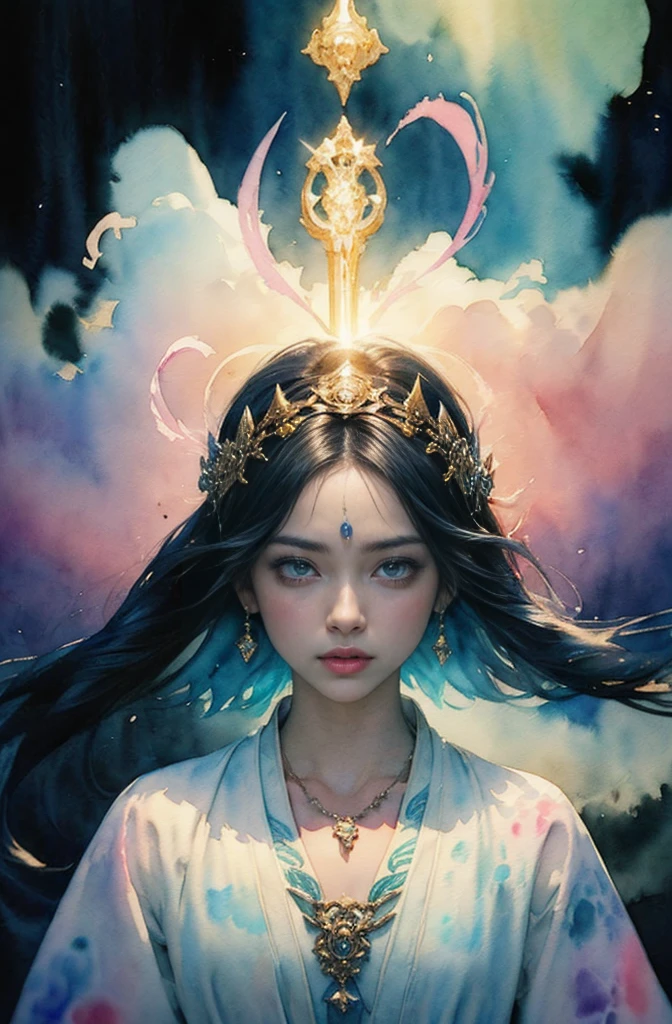 (Tabletop, Highest qualityの, Highest quality, Official Art, (beautifully、aesthetic:1.4), (Watercolor:1.4) ), (Izanami 1.5), 日本のgod話の女god, Majestic beauty, 創造の女god、生命の女god、Typically、((((Typically))))、Reincarnation Support, god&#39;Grace, Gentle and meditative expressions, Flowing, celestial garments, Shine、Created all the landscapes and worlds on Earth, A dazzling dance of light, Whispers of Ancient Legends