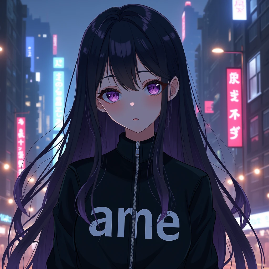 girl anime with long hair, wearing black aesthetic jacket outfit with a text "Ame" on her jacket, with city background