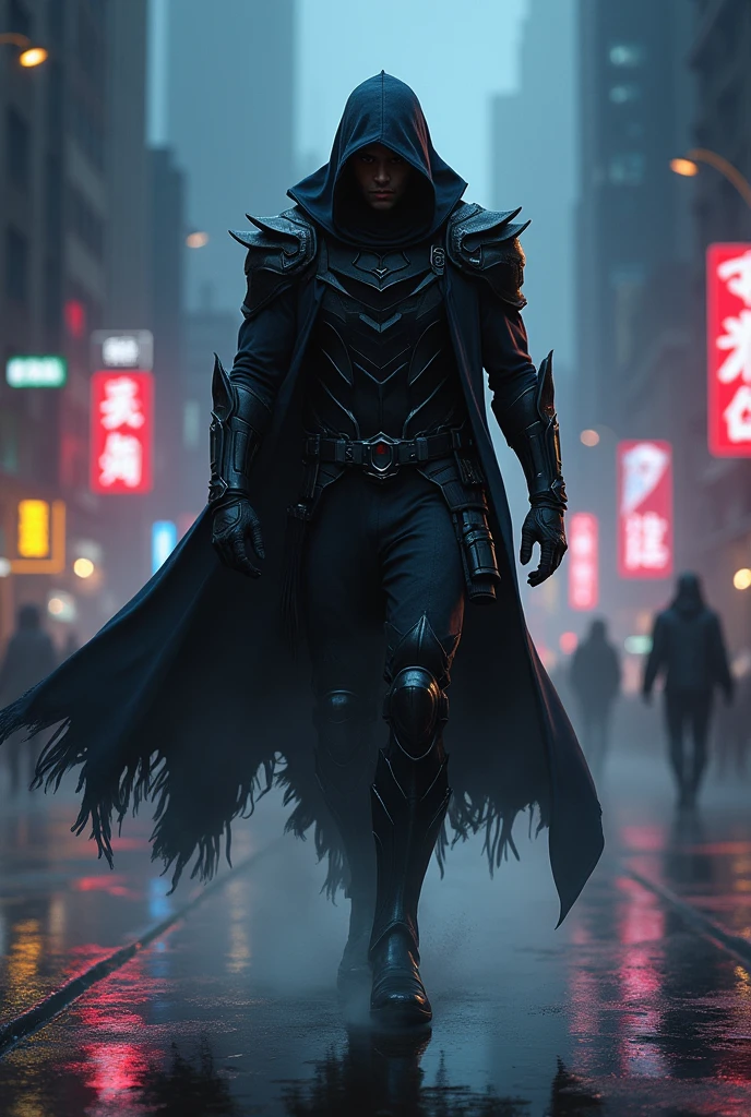 Zed champion from league of legends game, walking on street night city