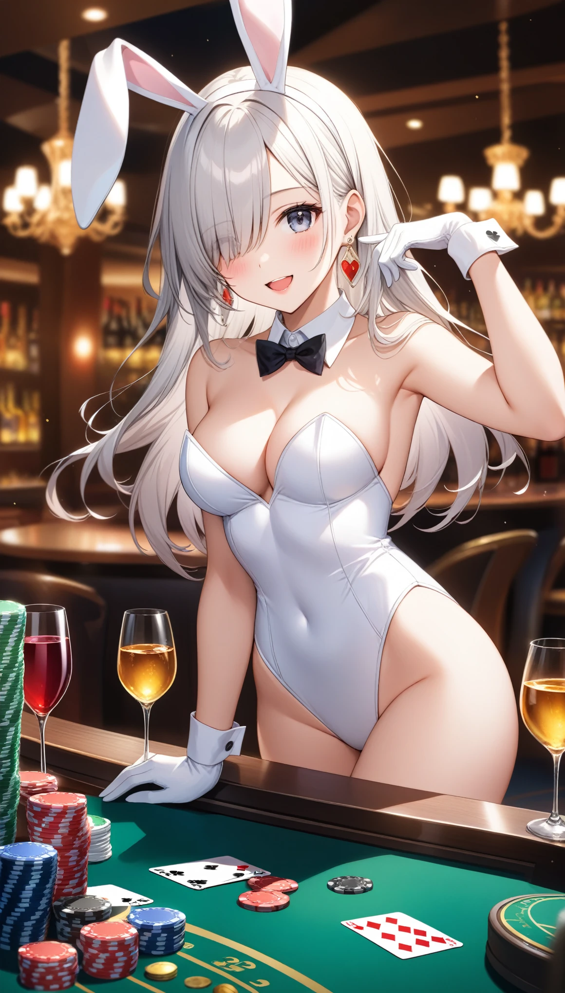 1girl, solo, long hair, breasts, looking at viewer, blush, smile, open mouth, bangs, gloves, bow, holding, animal ears, cleavage, bare shoulders, jewelry, medium breasts, tail, white hair, :d, grey hair, thighs, earrings, elbow gloves, white gloves, hand up, bowtie, rabbit ears, hair over one eye, blurry, from side, leotard, cup, wrist cuffs, grey eyes, strapless, leaning forward, detached collar, blurry background, fake animal ears, playboy bunny, table, rabbit tail, highleg leotard, alcohol, drinking glass, tray, strapless leotard, white hairband, card, white leotard, fake tail, wine glass, holding tray, white collar, playing card, poker chip, ((32k)), ((best quality)), ((ultra high res)), ((HDR)), ((UHD)), ((extremely detailed CG)), ((unity 32k wallpaper)),