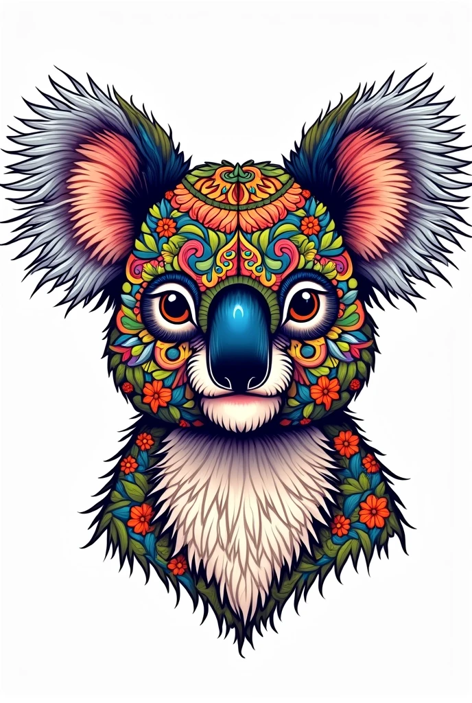 Painting pages for adults。Mandala pattern。Drawn with thick lines、Few details、No shading。It is colorfully painted。Impressive and colorful picture pages designed for adults with white background, A majestic and cute koala head drawn in a mandala style. The koala is decorated with intricate patterns, including flowers and geometric shapes., A fascinating and detailed work of art. The figure focuses on crisp, Clean lines and bold outlines, No shading or color, Allowing users to bring their own unique vibrancy to their creations. Minimalist design, Thick lines and lack of background detail, Calm your mind、Soothing, colorful and gentle drawing pages for adults seeking creative activity. figure