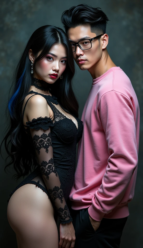 Couple, She is gothic with a curvy body, big cheeks, big butt, black hair with blue and big brown eyes, clear skin, He has straight hair combed upwards and small rectangular glasses and a wide nose and a pink sweatshirt and black pants.