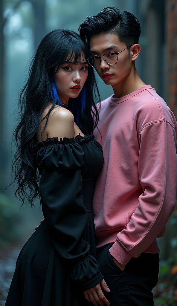 Couple, She is gothic with a curvy body, big cheeks, big butt, black hair with blue and big brown eyes, clear skin, He has straight hair combed upwards and small rectangular glasses and a wide nose and a pink sweatshirt and black pants.