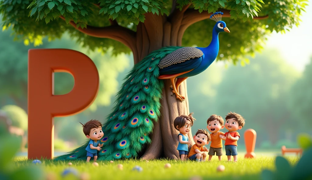 Create an animated image for alphabet P and an talking bird peacock at tree and children playing with peacock with animation 3D