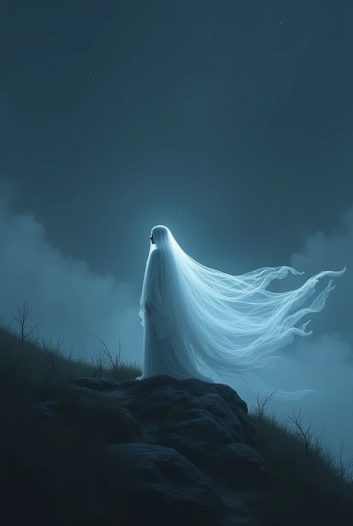 A funeral veil billowing in the wind, attached to nothing, on a hilltop at night Ethereal loss permeates the scene of the untethered burial garment.