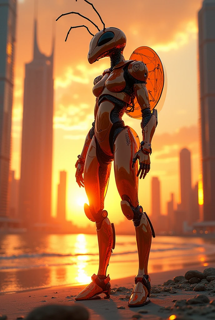 Fire Ant male with glassy cyborg costume standing between sky scrappers in beach with amazing sunset