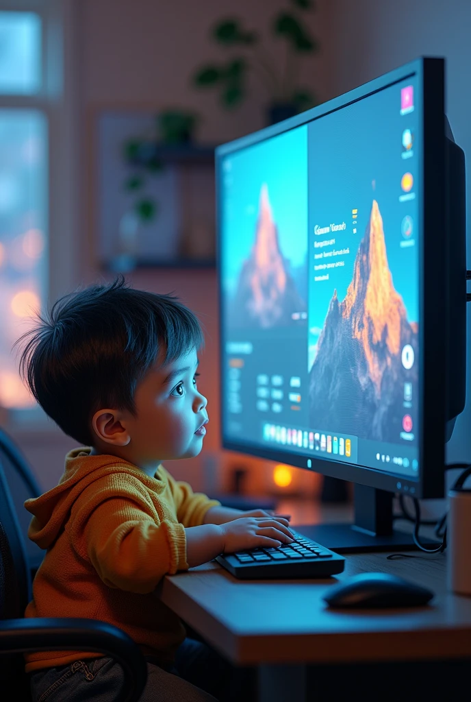 small, four year old boy, with big brown eyes plays on a big computer, with a large monitor in the game.