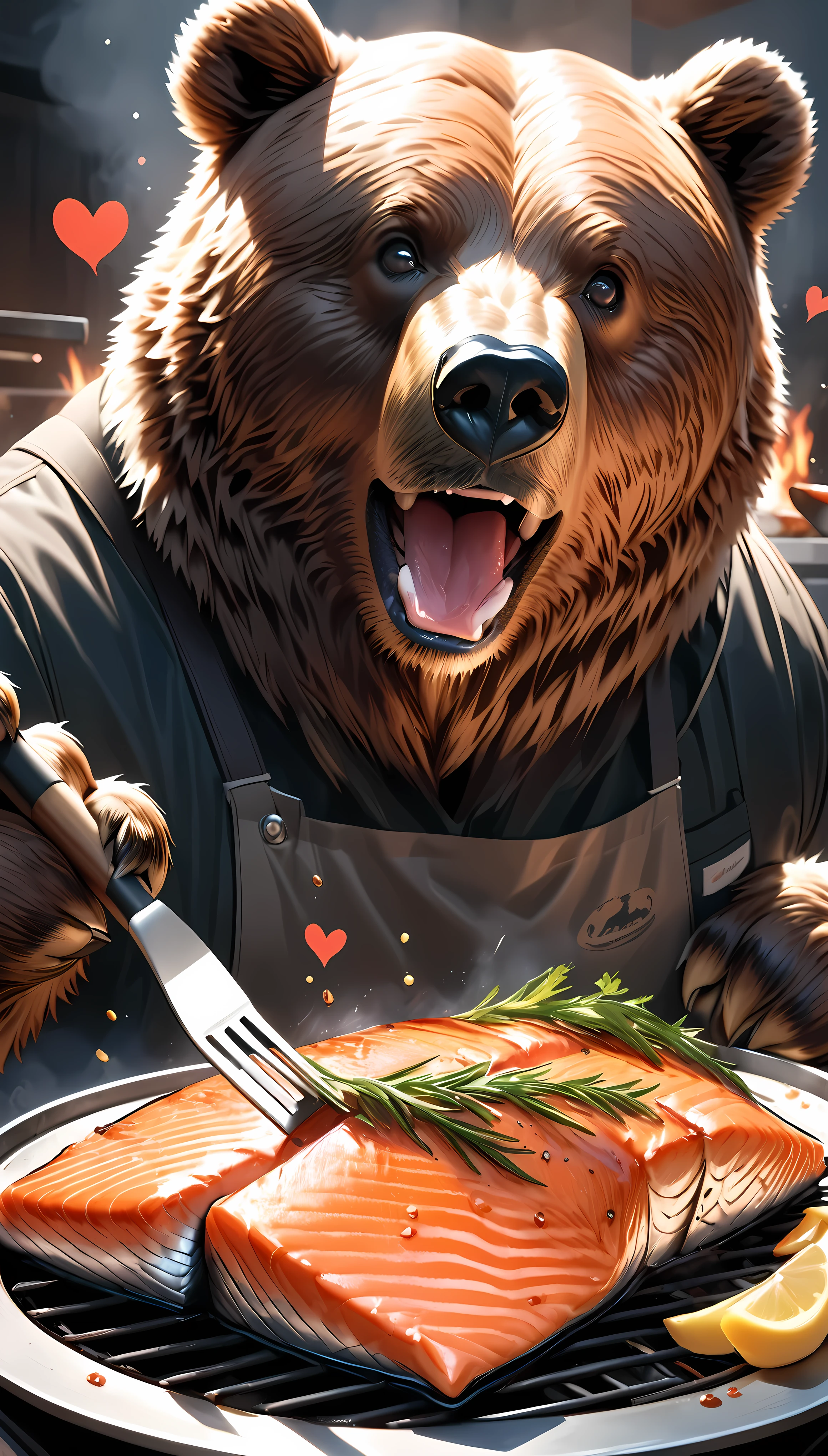 Ultra-Realistic, Brown Bear, Brown bear grilling salmon, Holding a spatula in its front paws, It looks very delicious cooked., (Heart Eyes:1.37,) Drooling, appetite, Hunger, patience,