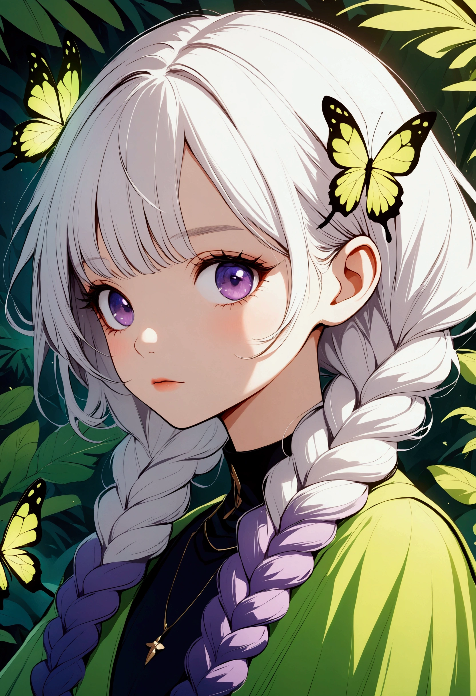 Vector illustration,Beautiful witch with two purple braids,Lovely:1.37,Purple Eyes,White hair-purple-long braids。jungle,vegetation,Lush,, Digital illustration style, Fluorescent green color scheme, Soft shadows, Simple line art, close up, Minimalism, Soft colors, Swarms of glowing butterflies,