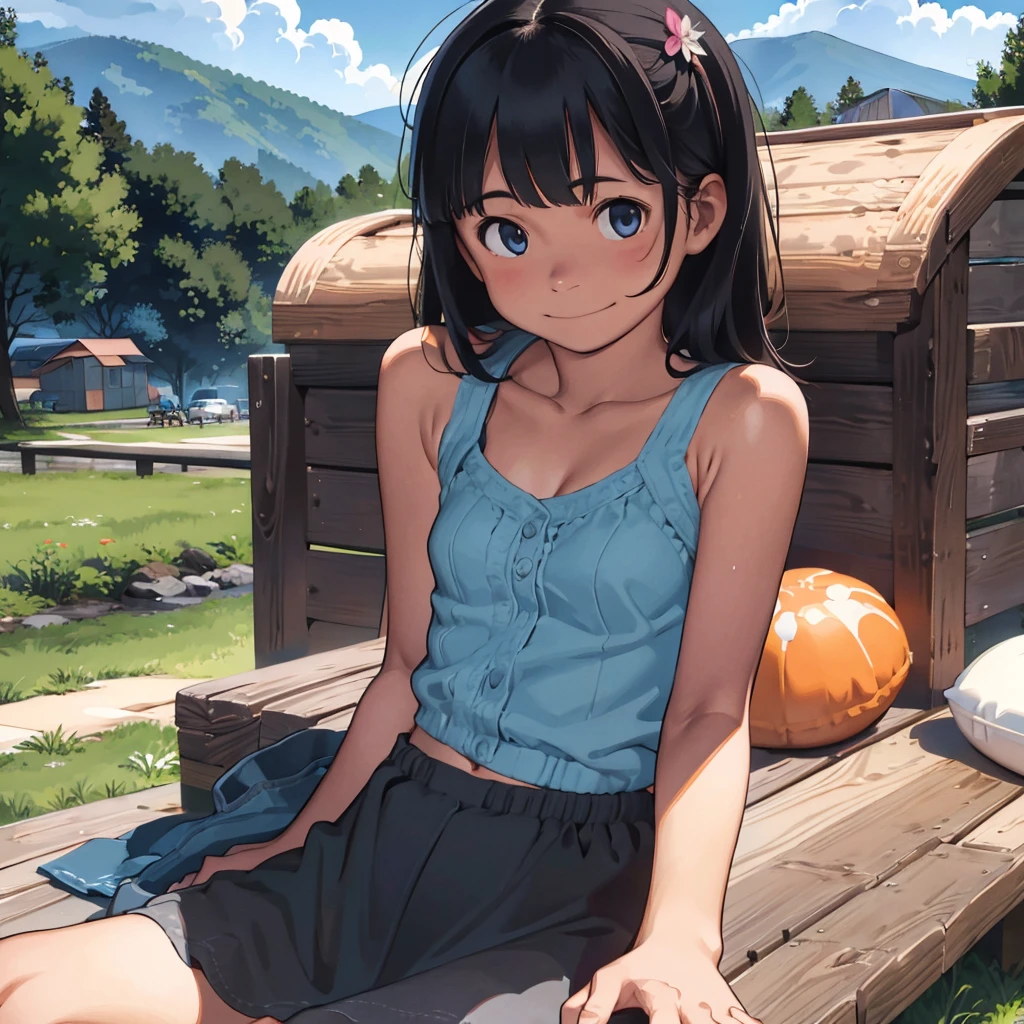 Mountains in the distance々、(campsite、camping)、Summer sun、((12yo、several girls))、Big Eyes、Healthy girl、Strong sunlight、Summer sun、cumulonimbus、Blue sky、(Cute smile)、Slender、small breast、(cleavage)、cute and beauty girl、Clear skin、(Tank top and mini skirt)、(Her belly button is visible)、Detailed face、Detailed Hair、detail eyes, looking at viewer、hair ornaments、Next to the tent、sitting side by side on the cot