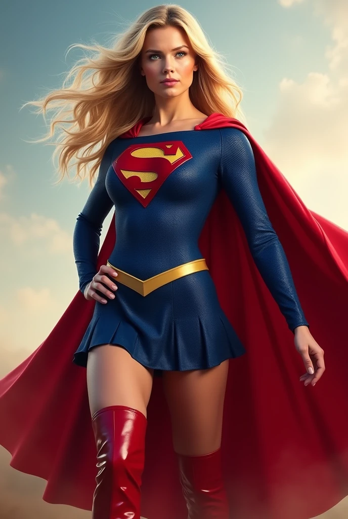 melissa benoist as supergirl, standing, full supergirl blue suit, long blonde hair, no helmet, long red gloves, a pair of long red boot heels, long red coloured cape, blue formal skirt, (insanely detailed, beautiful detailed face, masterpiece, best quality),