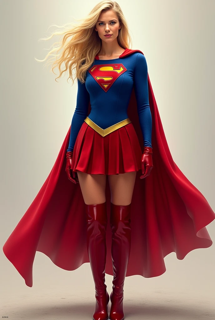 melissa benoist as supergirl, standing, full supergirl blue suit, long blonde hair, no helmet, long red gloves, a pair of long red boot heels, long red coloured cape, blue formal skirt, (insanely detailed, beautiful detailed face, masterpiece, best quality), 