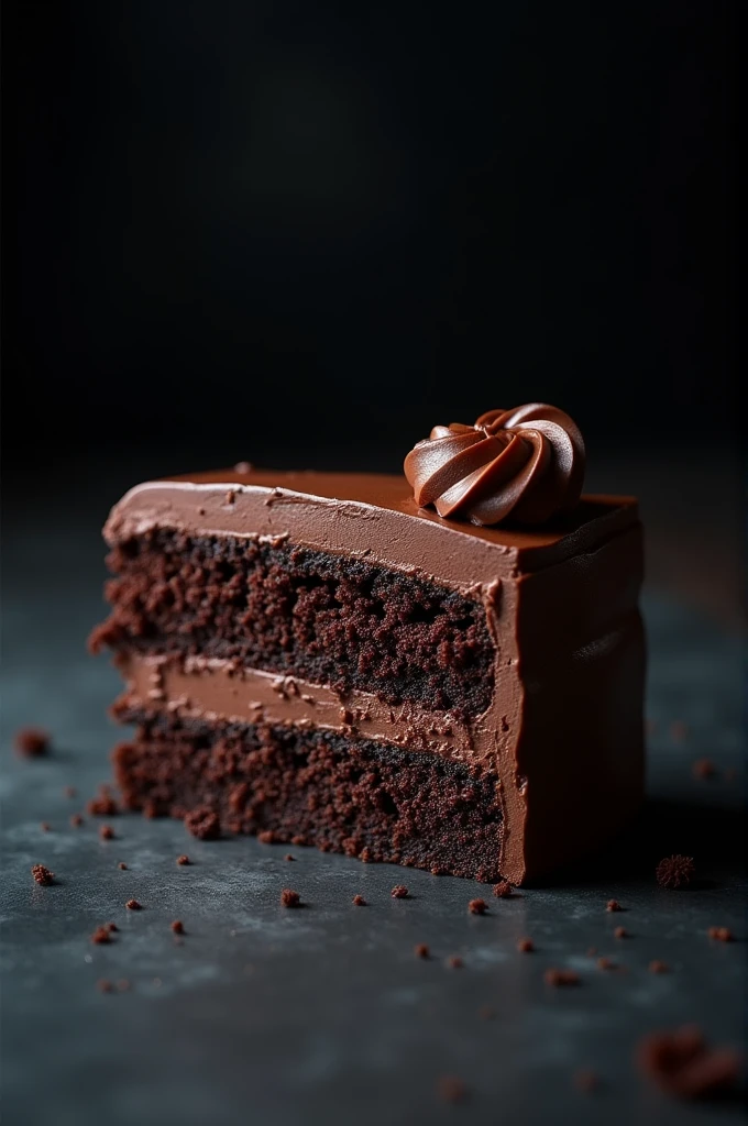 cinematic film still chocolate, chocolate cake, dark background, quality photo, moist texture, frosting, studio photo, slice . shallow depth of field, vignette, highly detailed, high budget, bokeh, cinemascope, moody, epic, gorgeous, film grain, grainy