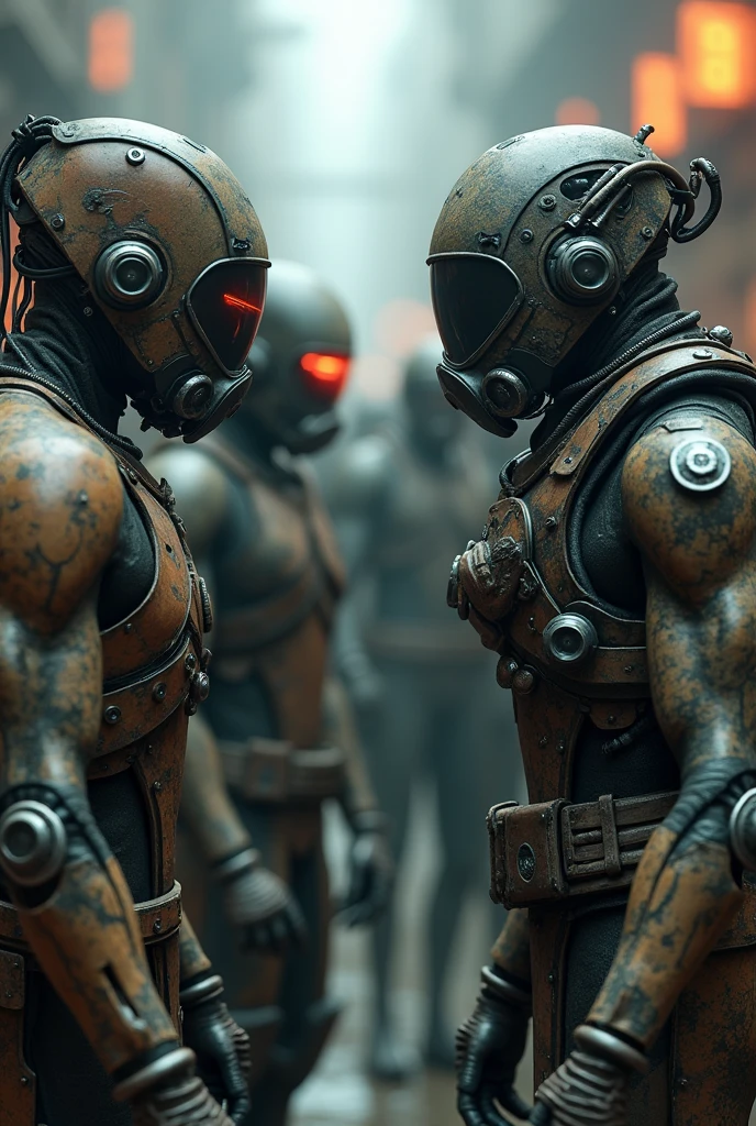 there are many people in helmets and helmets with gas masks, dieselpunk cyborgs, nekro xiii, symmetrical dieselpunk warrior, nekro iii, nekro borja, machine noir dieselpunk grimcore, movie still of aztec cyborg, nekro, highly detailed cgsociety, robot cyborgs  
