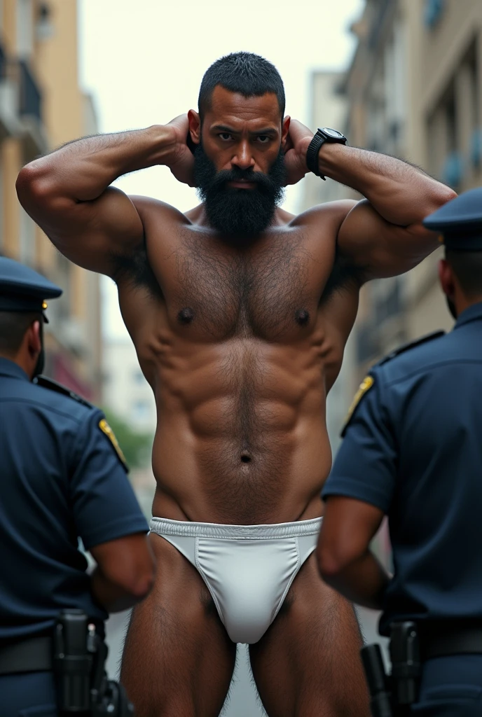 A giant muscular mixed race man from Brazil, bearded and hairy, standing, in white underwear, with your legs wide apart from each other, with hands raised behind head, having his underwear searched by the two police officers