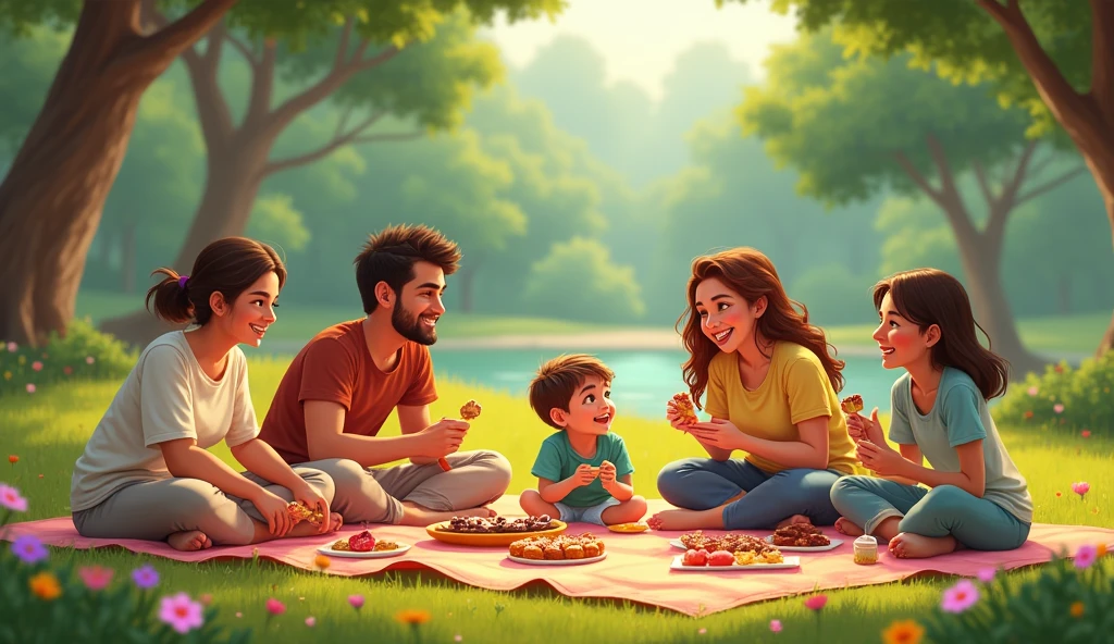 Picnic Time**: Depict the friends sitting on a picnic blanket in the park, enjoying snacks like Marium’s homemade candies and Ahmed’s chocolate kebabs.little kids images