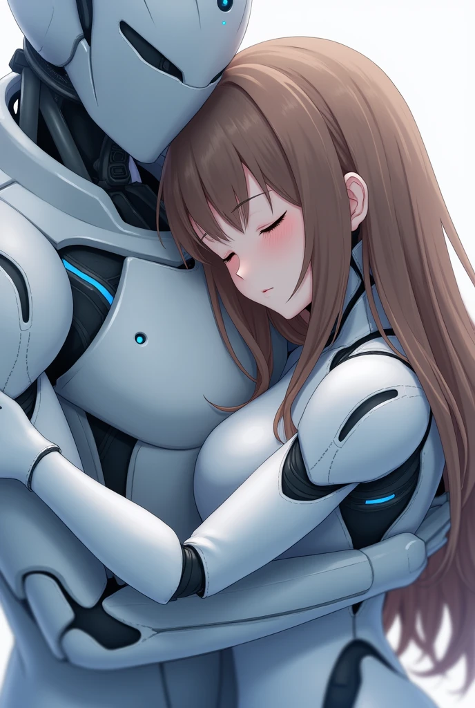 Robot girl with white and blue body, long straight brown hair, sleeping in my arms 