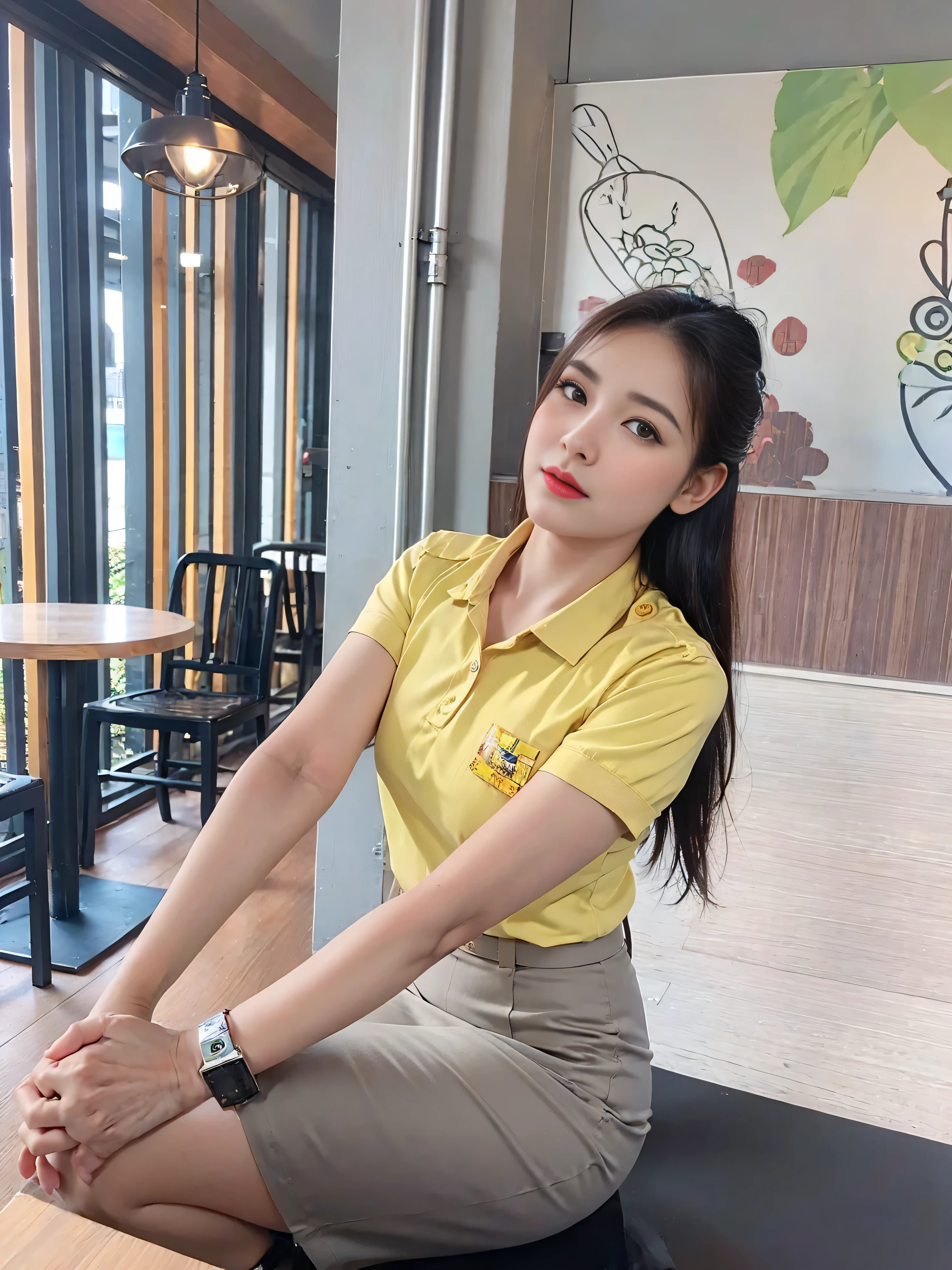 Khaki suit, khaki civil servant, Thai teacher uniform:1.3, Beautiful girl with extra long hair, Two meter long hair, Long hair that catches the eye, long black hair, Her hair is very long., Long, shiny hair, Long, thick, soft hair, Extra long hair, Dynamic posts, like full body, Short sleeve shirtสีกากี, short pencil skirtสีกากี, side cut, Decorated with military insignia., black high heels, The sexiest, small waist, hips raised, small thighs, Long legs, big breastsโต, big breasts:1.5, big breast, Very big breasts, Eye-catching breasts, Large breasts pierce the shirt, Not completely covered, big breast, Huge breast, Big tits D, สาวTwo meter long hair, Beautiful face, red lips, Very shiny, แต่งBeautiful face, Military rank insignia, short pencil skirt, tight, Short sleeve shirt, tight fitting, in the background, blurred garden. ultra short skirt, , Focus on short skirts, standing mannequin, walk, straight face, Open the top button., Standing in front of the flagpole, respect the national flag, Flag of Thailand