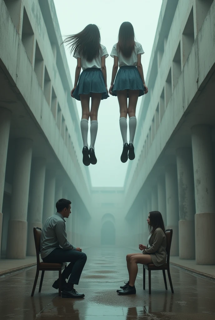 Scene of two schoolgirls in white thigh high socks ,hovering in the air , a man sitting on the ground in panic with a chair on the ground , two more female students were hanged