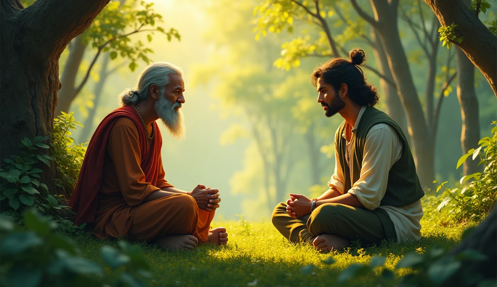 Sage Bhaskar listening intently: Create an image of Sage Bhaskar listening carefully to Arav a fighter, with a calm, wise expression. The setting should be the same peaceful forest, with vibrant green colors and warm lighting.
