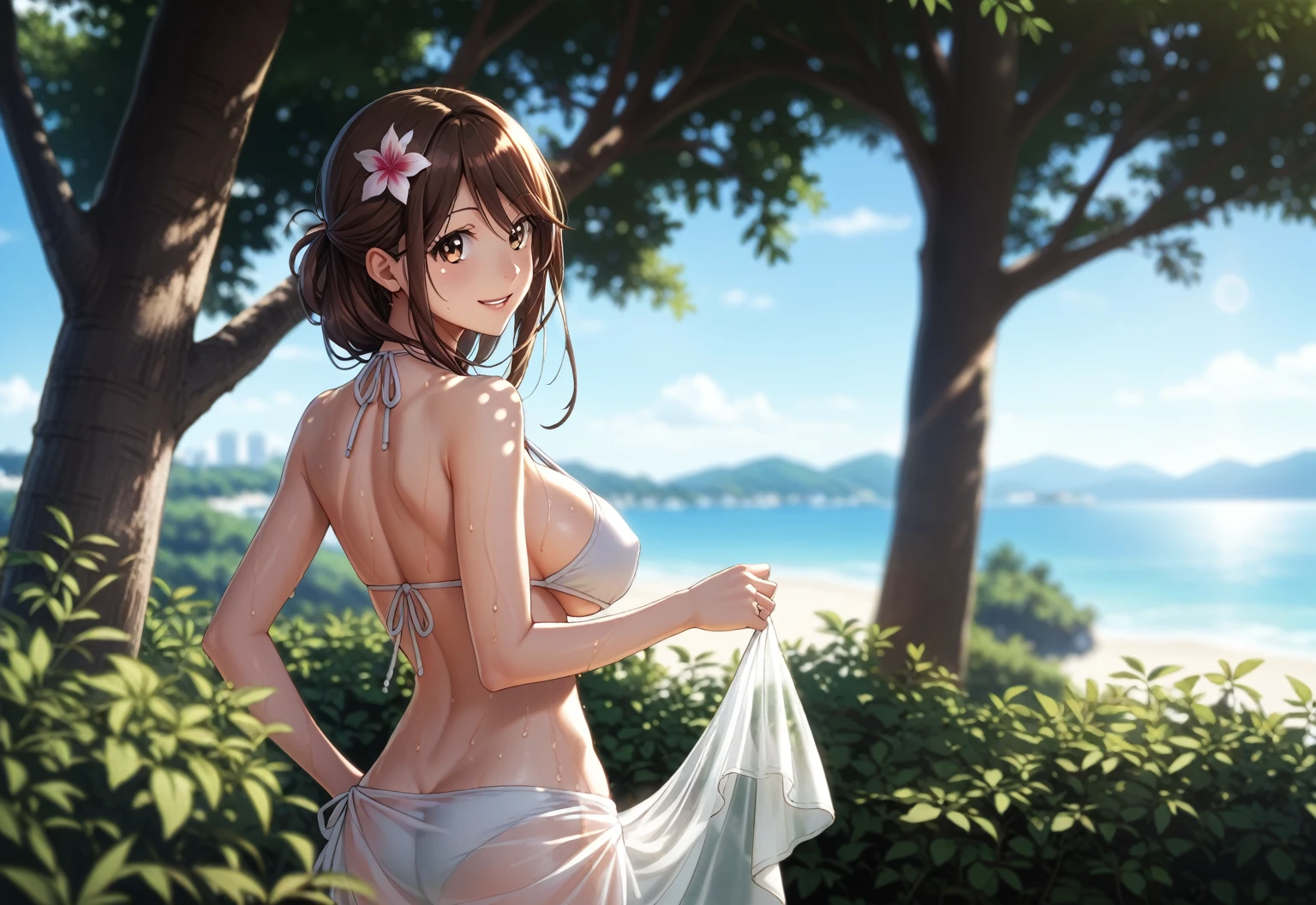 score_9, score_8_up, score_7_up, score_6_up, uncensored, iida nana,long hair, brown hair, brown eyes, huge breasts, BREAK (detailed eyes:1.5), (perfect hands, perfect anatomy), Anime Style, Manga Style, Hand drawn, cinematic, Sharp focus, humorous illustration, big depth of field, Masterpiece, concept art, trending on artstation, Vivid colors, Simplified style, trending on ArtStation, trending on CGSociety, Intricate, Vibrant colors, Soft Shading, Simplistic Features, Sharp Angles, Playful, excessive sweating, sweating profusely, sweating drop BREAK, 1girl, outdoors, solo, swimsuit, bikini, looking back, sarong, looking at viewer, sunset, dusk, white bikini, blurry, tree, from behind, depth of field, breasts, bush, see-through, ass, parted lips, large breasts, smile, back, blurry background, shoulder blades, halterneck, beach, plant, dappled sunlight, sunlight, water, bare arms, standing, white sarong, cowboy shot, sideboob, bare shoulders, ocean, tree shade, shade, foliage, nature, sky