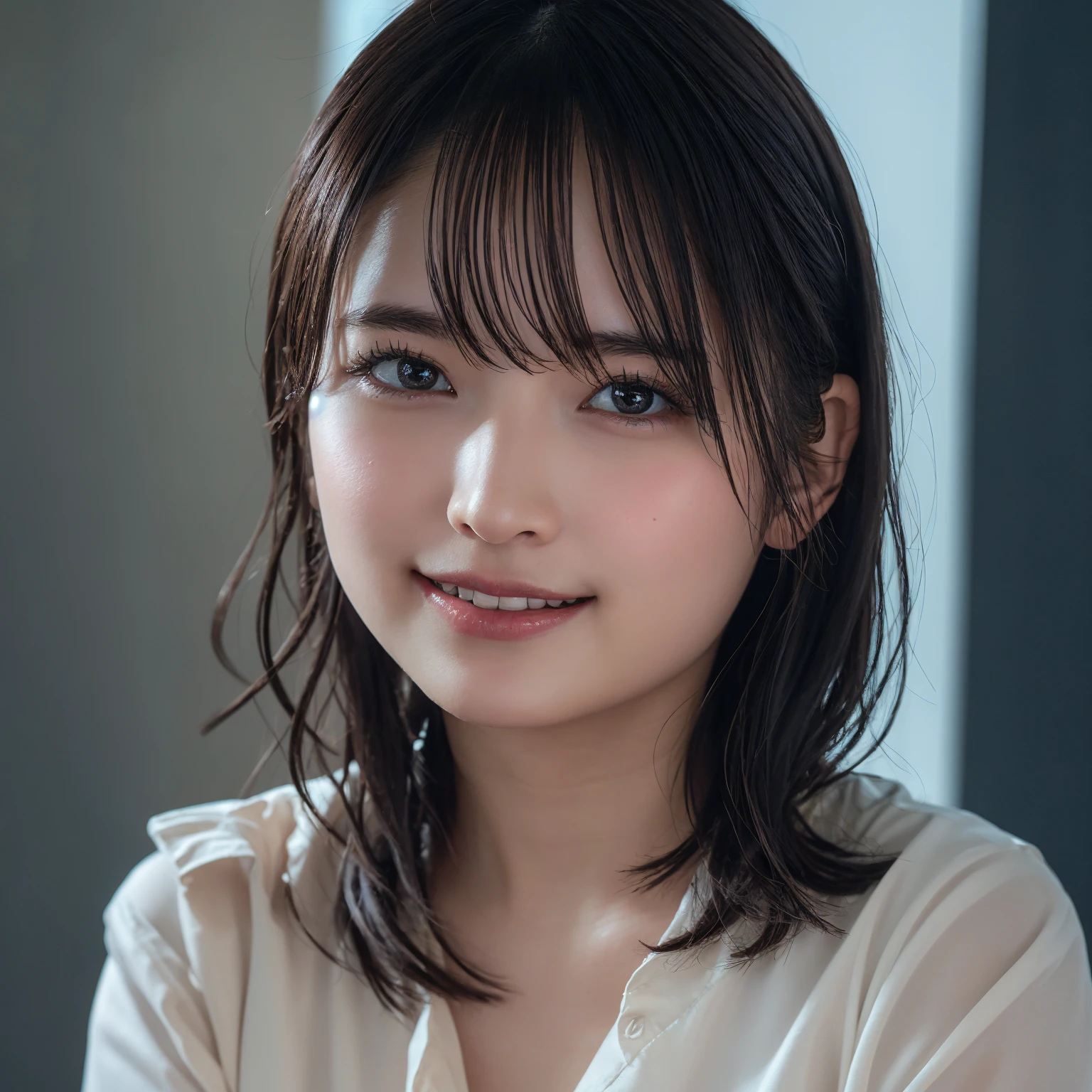 (8k, RAW Photos, Highest quality, High resolution: 1.1), (ultra Realistic: 1.4), (Realistic, Realistic: 1.3), The Beauty of Japan, pajamas, ((Upper Body: 1.3)) High resolution, Realistic image of a Japanese woman with short hair, She has big breasts and red cheeks, Take a look at it, smile She looks at it, smile, While taking a selfie. Her smartphone is close to her face. She appears to be live streaming from her home.., Spread out on the bed, Put a blanket over your chest.Embarrassed face