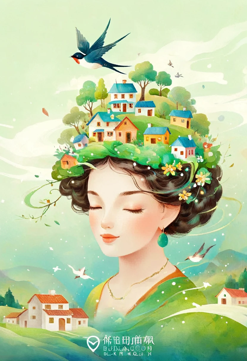 Digital illustration art, a comical illustration of a  adorned with many houses, trees, roots, a little swallow, etc. on her head. Her hair is composed of many houses and trees, and the background is green trees and hills (the background blends with the  girl's hair). Surrounded on both sides, it evokes the charm of a charming rural landscape. White background, the whimpering sound of Chinese calligraphy, vivid Ferdinand du Puigaudeau, Victor nizovtsev, retro tones, sparkling, reflective, best number, 8K, high-definition, high-resolution, dual exposure, beautiful digital illustrations,