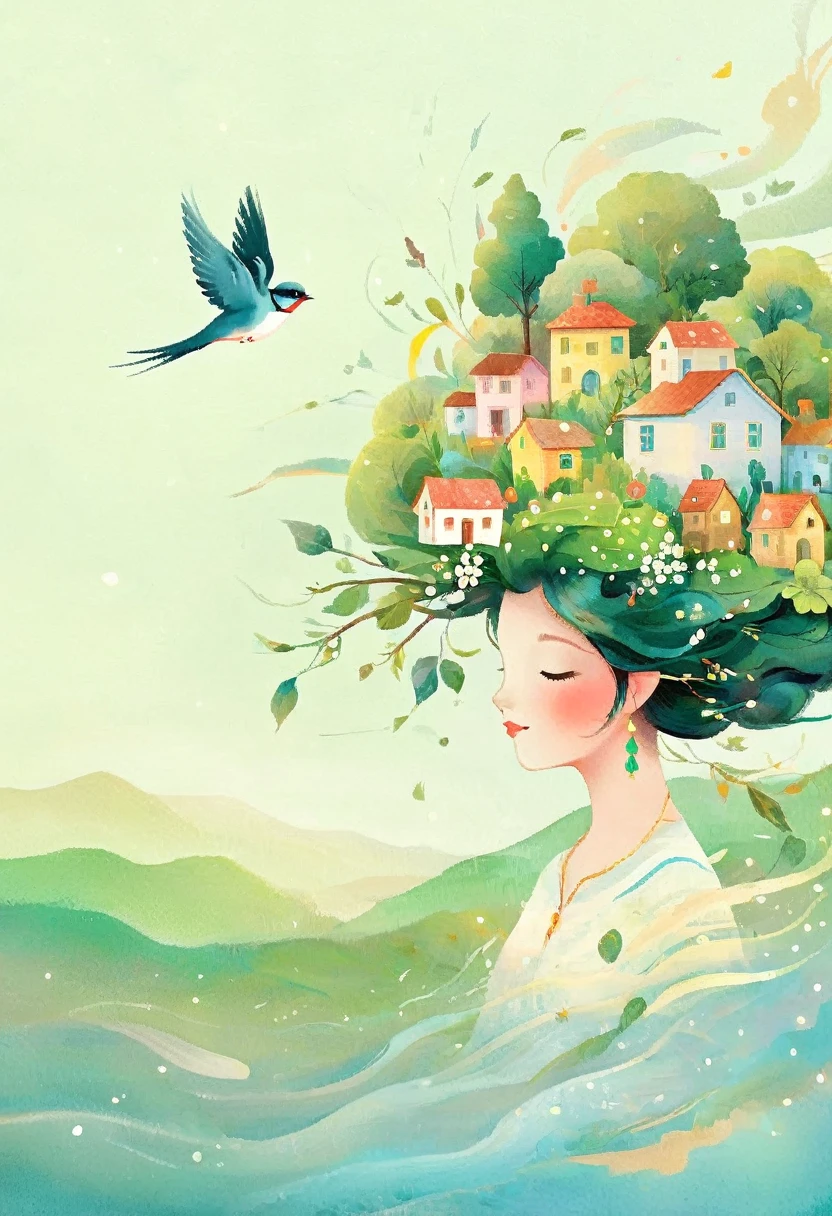 Digital illustration art, a comical illustration of a  adorned with many houses, trees, roots, a little swallow, etc. on her head. Her hair is composed of many houses and trees, and the background is green trees and hills (the background blends with the  girl's hair). Surrounded on both sides, it evokes the charm of a charming rural landscape. White background, the whimpering sound of Chinese calligraphy, vivid Ferdinand du Puigaudeau, Victor nizovtsev, retro tones, sparkling, reflective, best number, 8K, high-definition, high-resolution, dual exposure, beautiful digital illustrations,