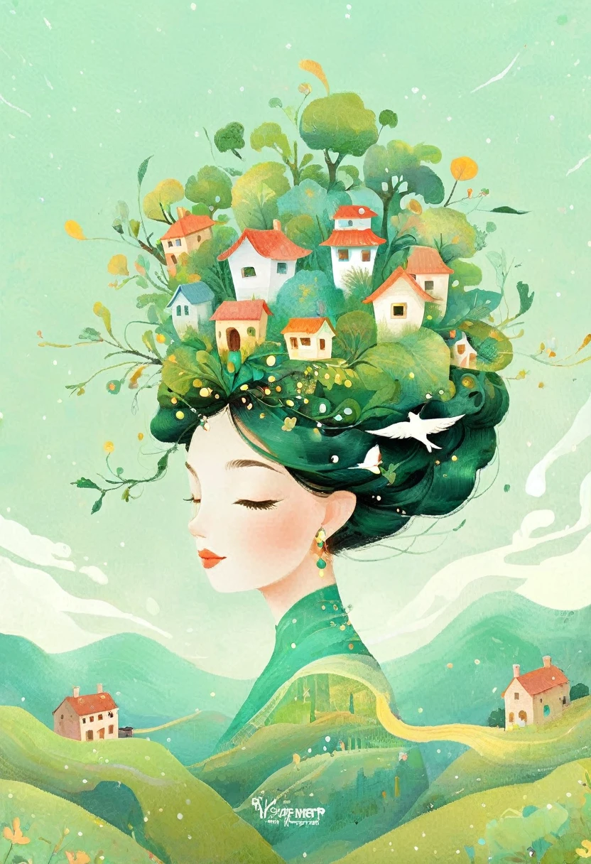 Digital illustration art, a comical illustration of a  adorned with many houses, trees, roots, a little swallow, etc. on her head. Her hair is composed of many houses and trees, and the background is green trees and hills (the background blends with the ***********'s hair). Surrounded on both sides, it evokes the charm of a charming rural landscape. White background, the whimpering sound of Chinese calligraphy, vivid Ferdinand du Puigaudeau, Victor nizovtsev, retro tones, sparkling, reflective, best number, 8K, high-definition, high-resolution, dual exposure, beautiful digital illustrations,