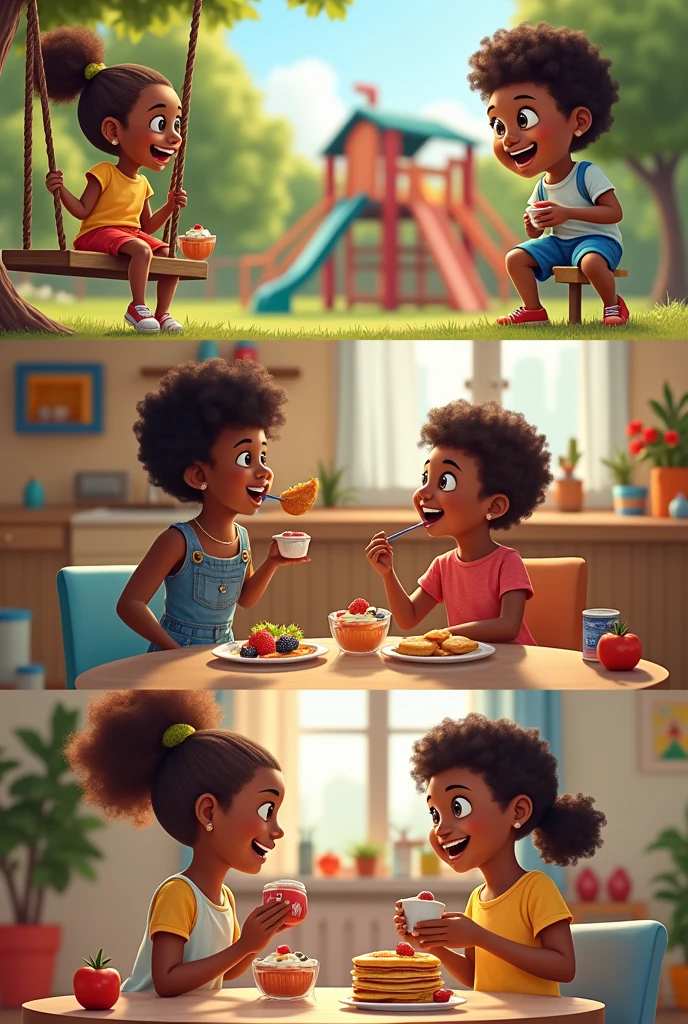 A photo of African American kids munching on healthy snacks at a playground, in a kitchen, and around the house. At the playground, a ??? is sitting on a swing and drinking yoghurt. In the kitchen, a ??? is eating a fruit-mix. Around the house, a ??? is sitting on the floor and eating pancakes. The kids are wearing different clothes. The background is a playground, a kitchen, and a house.