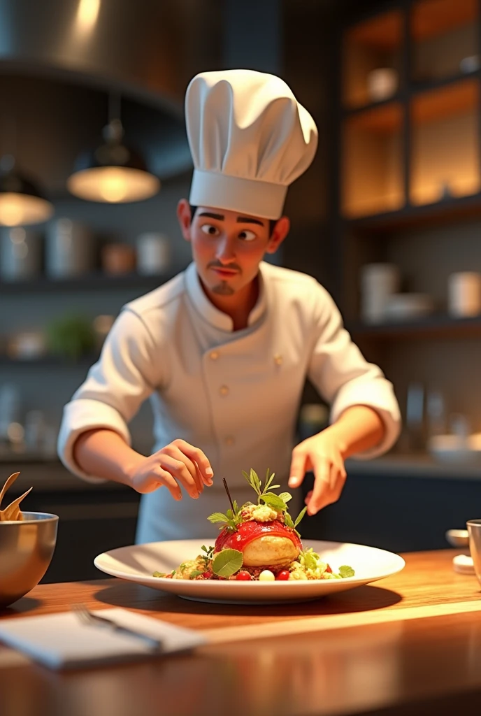 3D animation style, in restaurant, chef cooking, best quality, masterpiece, amazing look, 