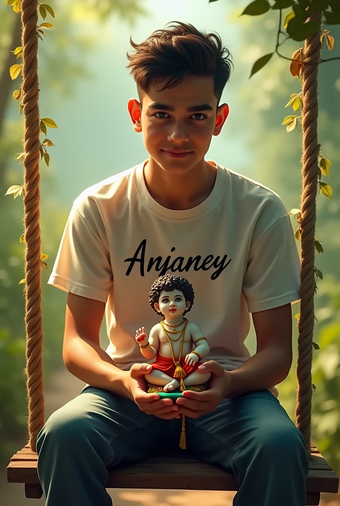 Celebrate janmastmi by boy
Anjaney written on his tshirt
boy age 20 A statue of little krishna in his hand
his hair like virat kohli boy sit on swing