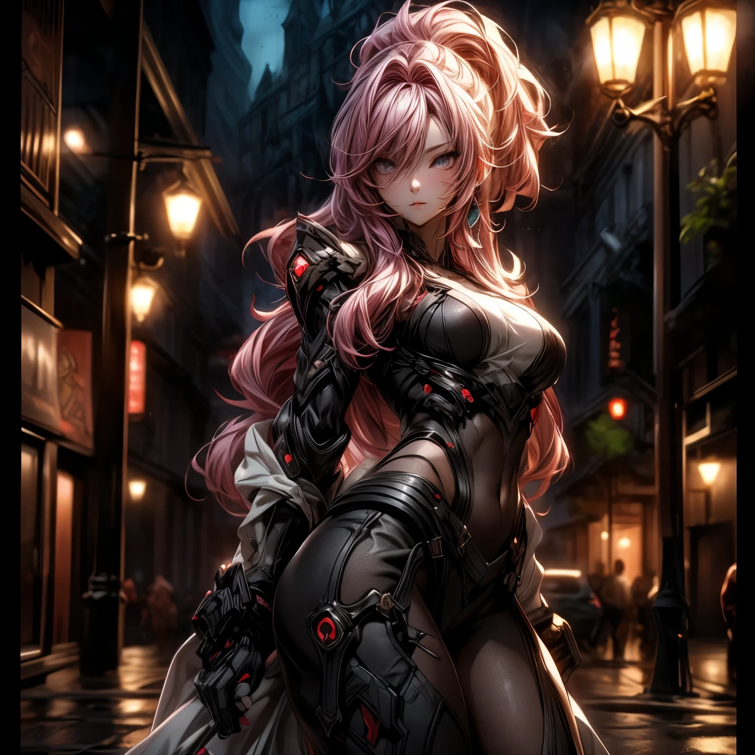 (best quality)), ((Masterpiece)), (details:1.4), 3d, HDR (high dynamic range), an image of a beautiful cyberpunk female, Hips up, Fantasy, Pink hair, High ponytail, beautiful white eyes, จมูกโด่ง, ปากแดง, หน้าอกใหญ่, nvidia RTX, PBR surface, After processing, Anisotropic filtration,depth of field, Maximum clarity and clarity, multi-layered surface, Subsurface scattering, perfect proportions, 8K raw files, ultra detailed, Perfect proportions, volumetric lighting, soft lighting, Berserker, Heavy Red Armor, glossy skin, Castle background, jewely, ต่างหู, นิ้วมือสมบูรณ์,