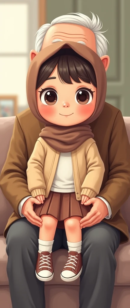 Cartoon with text:
(masterpiece, best quality, 4k, expressive eyes, perfect face, 2d style, flat style, hand drawn, perfect Illustration), Cute and adorable face, big detailed eyes,, Cute little cartoon girl, with brown hijab on, bangs, wearing oversized beige cardigan, white shirt, brown skirt, ((brown socks, long socks)), sneakers, on an old mans lap