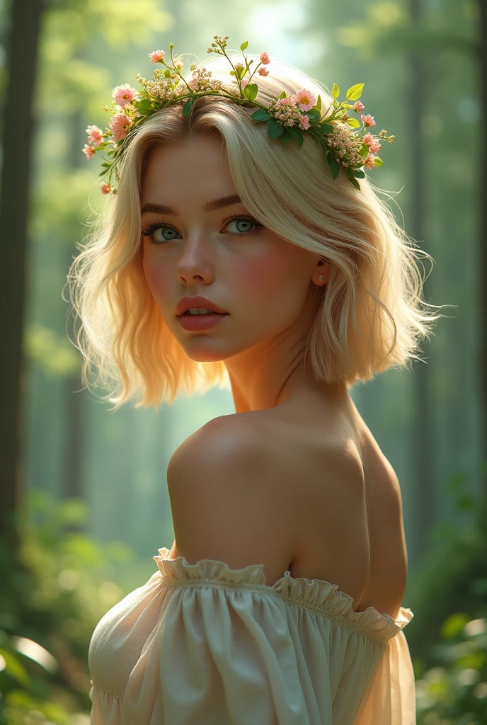 hyper-realistic of a sweet young teenage woman with flowing short blonde hair, long bob, piercing blue eyes, and a delicate floral crown, backwards, looking back, upper body, (forest)
