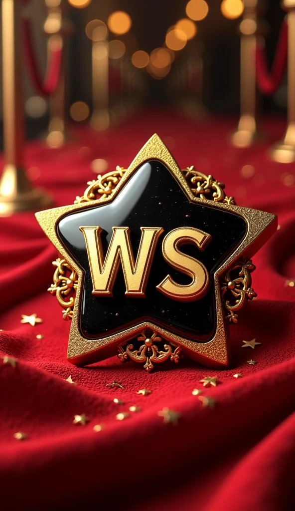 3D writing logo "WS WHITE STAR" in glossy black gold colored glass.There is text "PUSHLIKE FAMILY" with gold 3D font.high quality luxury crown star logo and details.luxury red carpet party HD photography background