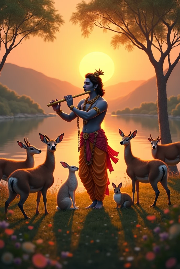 Lord Krishna playing flute surrounded by animals during sun set

