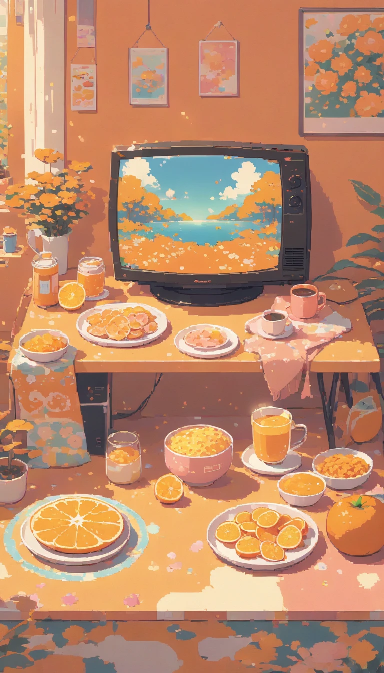 lofi pixel, No people ,Cozy,Orange Pink ,snacks