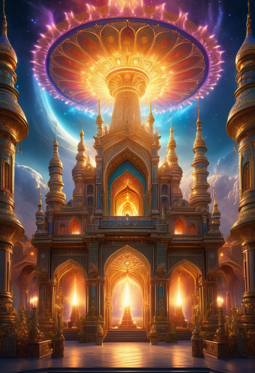 a beautiful detailed fantasy scene of the nearest heaven adorned with radiant lamps, the lamps used as missiles to drive away the Shayatin, the torment of the blazing Fire, intricate ethereal architecture, glowing angelic beings, dramatic lighting, vibrant colors, highly detailed, cinematic, masterpiece