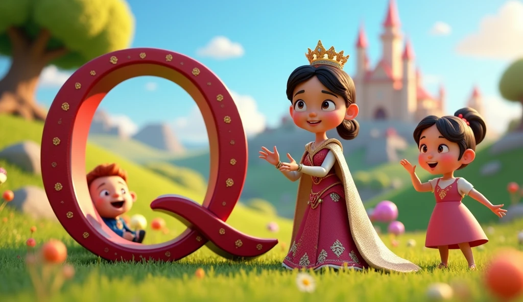 Create an animated image for alphabet Q and an talking queen and children playing with queen with animation 3D