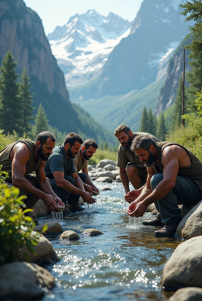 5 man drinking water form mountain water