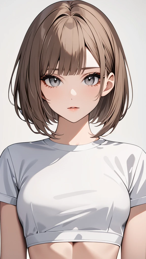 Highest quality masterpiece High resolution masterpiece Brown and white Bob Grey Eyes blunt cut Front View Front hair