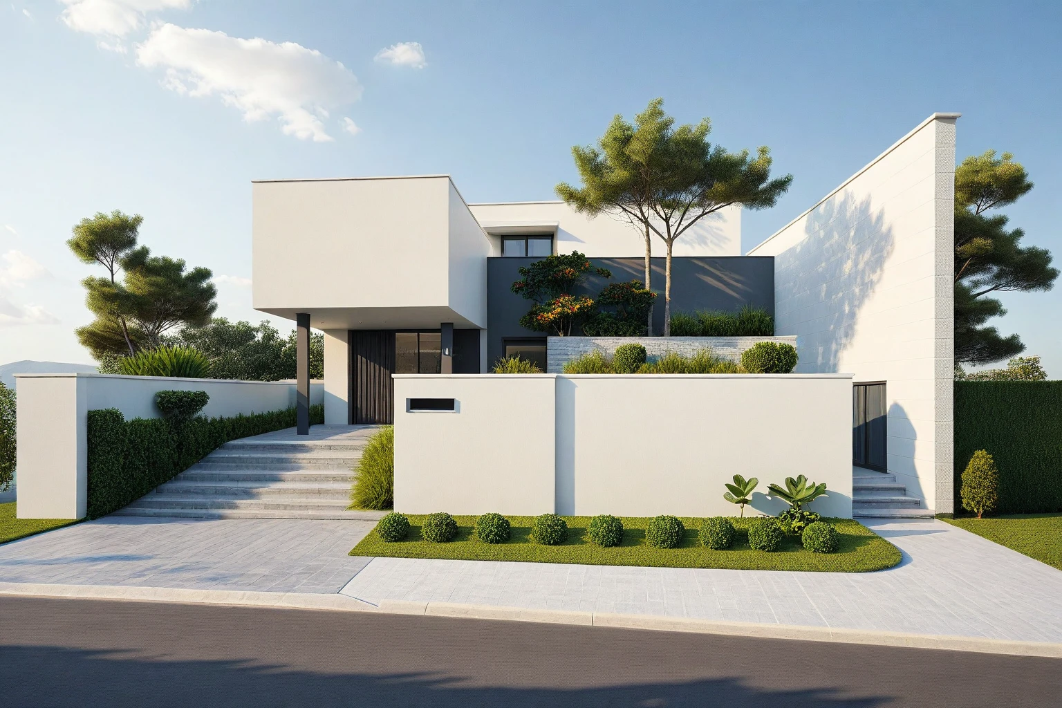 Architectural style Architectural style,  ((Classic Style House)),(masterpiece) , ((best quality)), dramatic lighting, high quality outdoors, sky, day, cloud, tree, blue sky, building, scenery, road, real world location,  sunlight, enough detail, high resolution,super realistic, Photorealistic, highly detailed, balcony, plants, door, car, truck, parking slot, paving, . Clean lines, architectural drawing, highly detailed  , . Clean lines, geometric shapes, minimalist, modern, architectural drawing, highly detailed