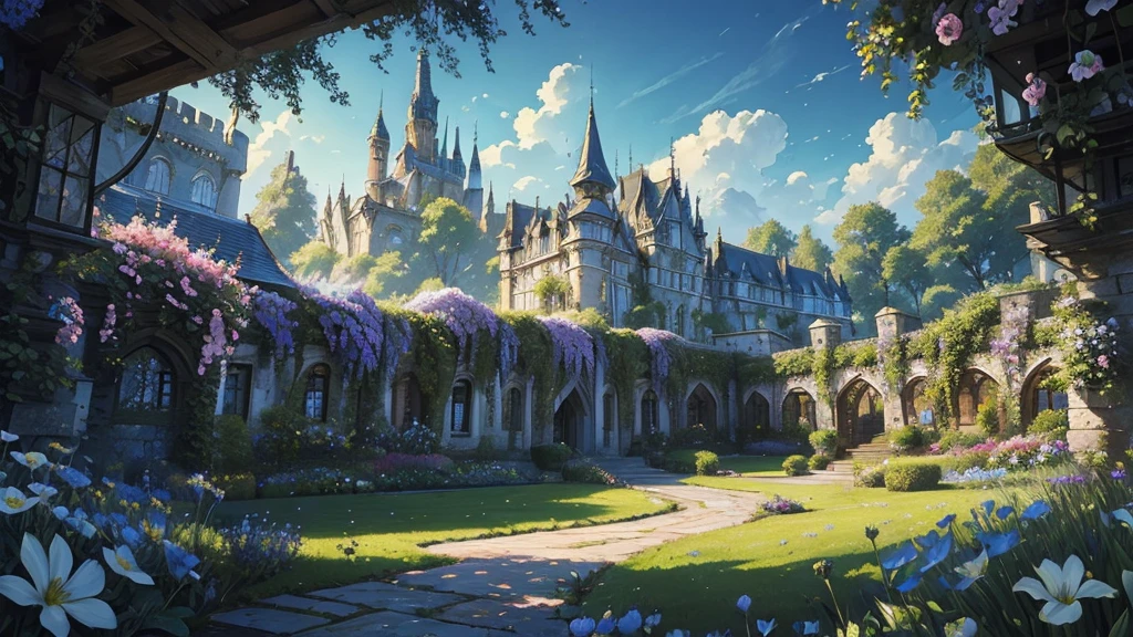 ((masterpiece)),((Highest quality)),((High Detail)),nobody,background,fantasy, Sleeping old palaces and towers, Wave, sunlight, Azure moss and flowers grow abundantly, zephyr