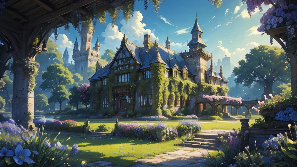 ((masterpiece)),((Highest quality)),((High Detail)),nobody,background,fantasy, Sleeping old palaces and towers, Wave, sunlight, Azure moss and flowers grow abundantly, zephyr