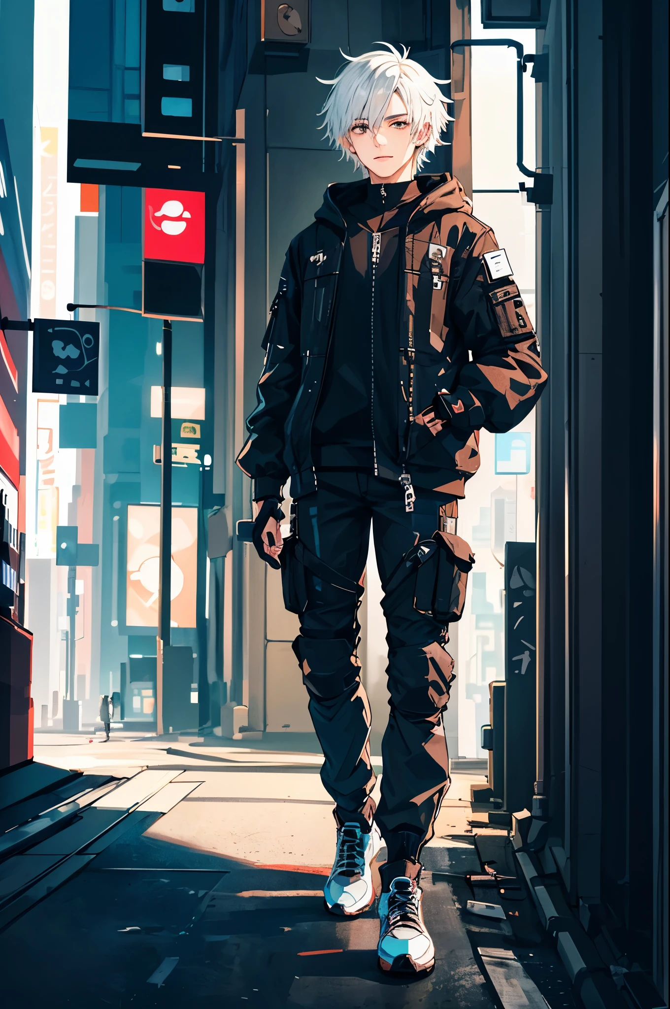((masterpiece)), (((best quality))), chromatic lighting,
colorized, white + black limited color palette, 
detailed concept drawing, no weird object on his face, cyberpunk, futuristic, combat pants,
portrait, 25yo 1guy, slender, Shibuya street fashion, short white hair, black eyes, full body(head to toe)