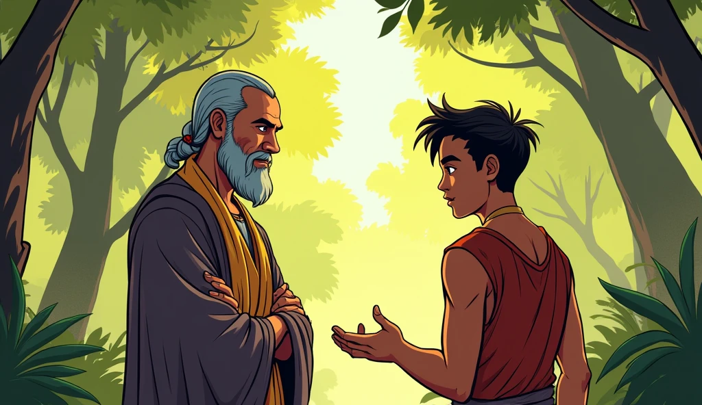 Sage Bhaskar listening intently: Create an image of Sage Bhaskar listening carefully to Arav a fighter, with a calm, wise expression. The setting should be the same peaceful forest, with vibrant green colors and warm lighting. In comic style