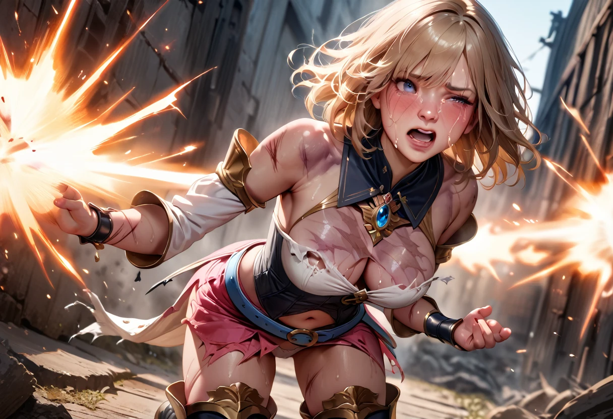 (best quality), (masterpiece), very aesthetic, absurdres, high res, detailed face, realistic, 1girl, Ashelia, medium hair, blonde hair, blue eyes, detached collar, white shirt, brooch, cleavage cutout, navel, black corset, pink miniskirt, blue belt, detached sleeves, bracer, thigh boots, [white panties], (injury skin, scar skin, bleeding skin), (Exploding Clothes, torn clothes:1.15), BREAK NSFW, ALL FOURS, doggystyle, (Close one eye), pain, crying, tears, sigh, blush, sweat, (outdoors, prison), cloth pieces, Blood splatter, shockwave, sparks, cinematic lighting, diffraction spikes, (three quarter view:0.6), cowboy shot,